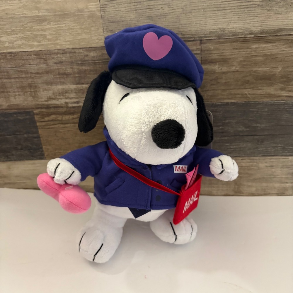 Peanuts Snoopy Mail Carrier Valentine Plush Dog Blue Uniform Heart 10 inch NWT